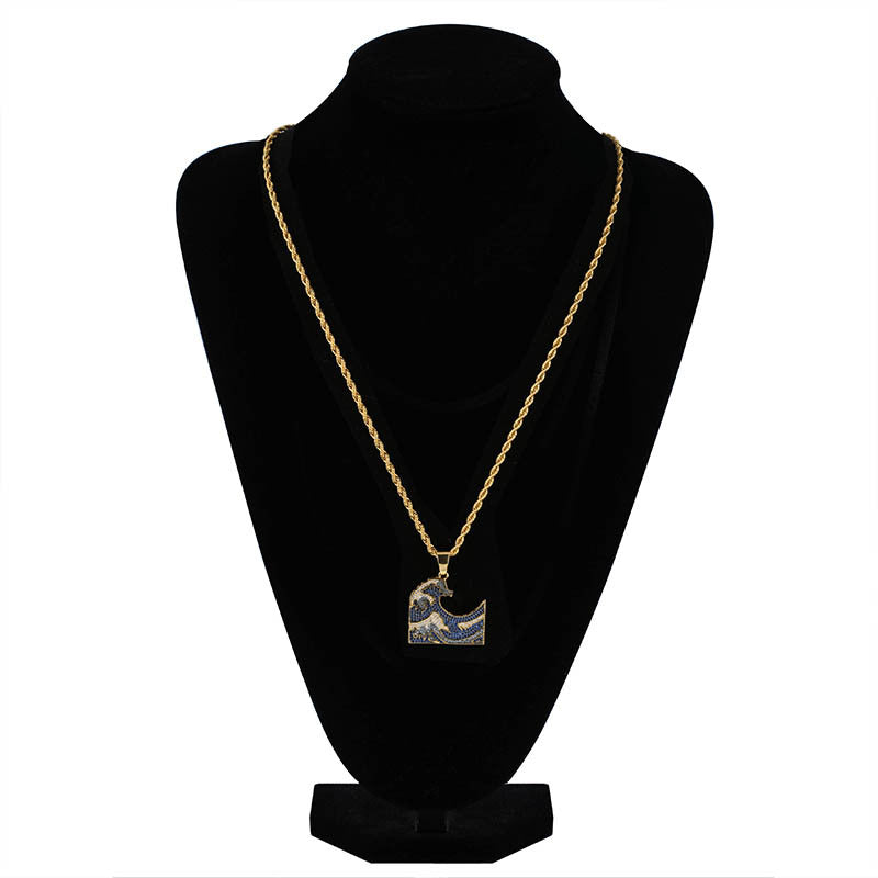 Iced Out 31MM  18K Yellow Gold-Plated AAA CZ Surf Spray Pendant &amp; Cuban Link Chain