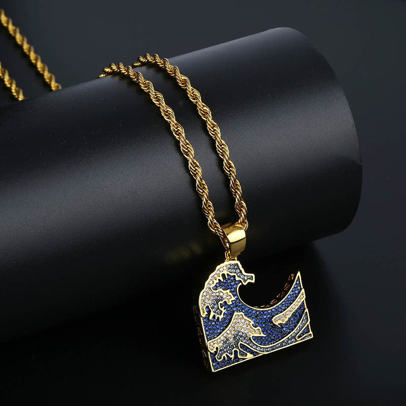 Iced Out 31MM  18K Yellow Gold-Plated AAA CZ Surf Spray Pendant &amp; Cuban Link Chain