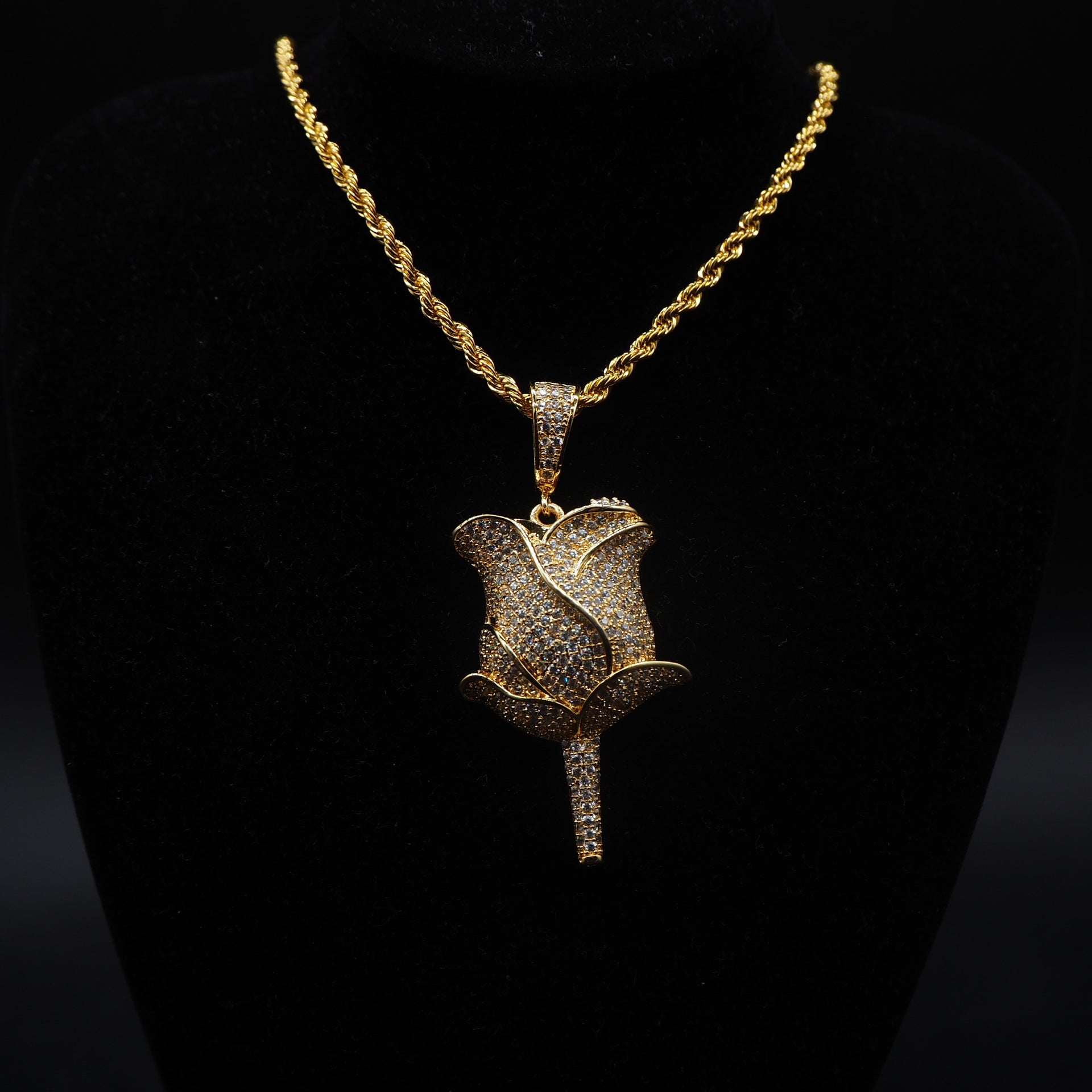 30mm  Iced Out Gold-Plated CZ  Rose Pendant &amp; Cuban Link Chain