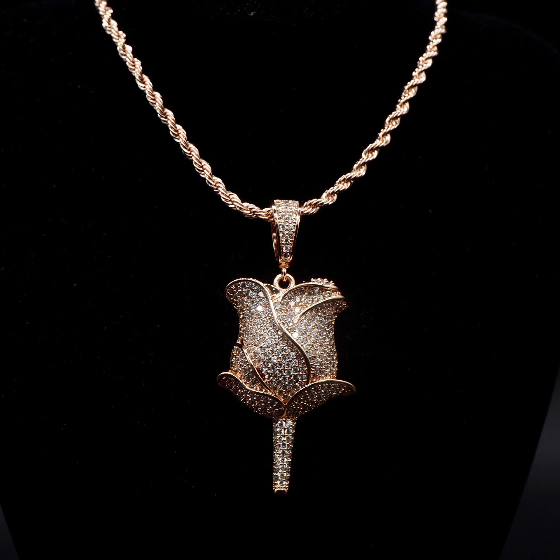 30mm  Iced Out Gold-Plated CZ  Rose Pendant &amp; Cuban Link Chain