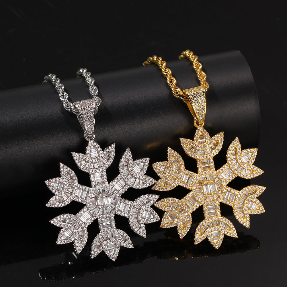 2021 18K Gold-Plated Baguette Iced Out Snowflake Pendant