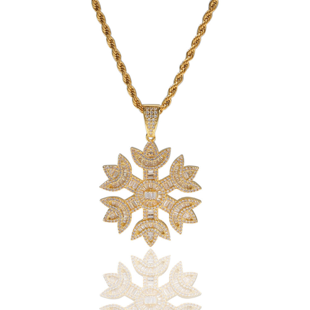 2021 18K Gold-Plated Baguette Iced Out Snowflake Pendant