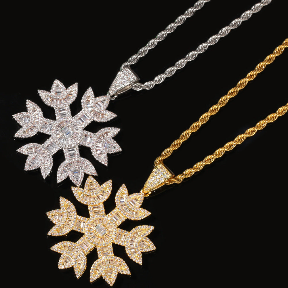 2021 18K Gold-Plated Baguette Iced Out Snowflake Pendant