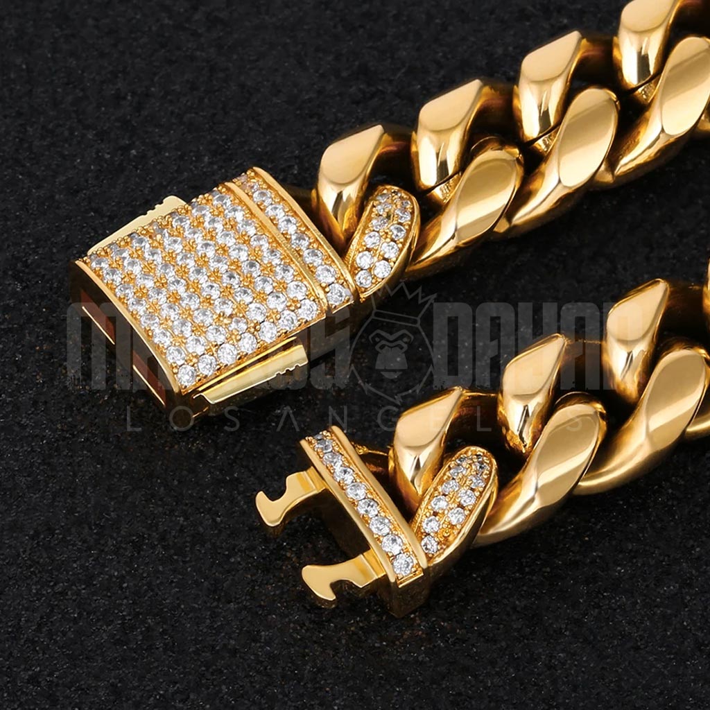 18K Gold 12mm Miami Cuban Link Chain Iced Clasp