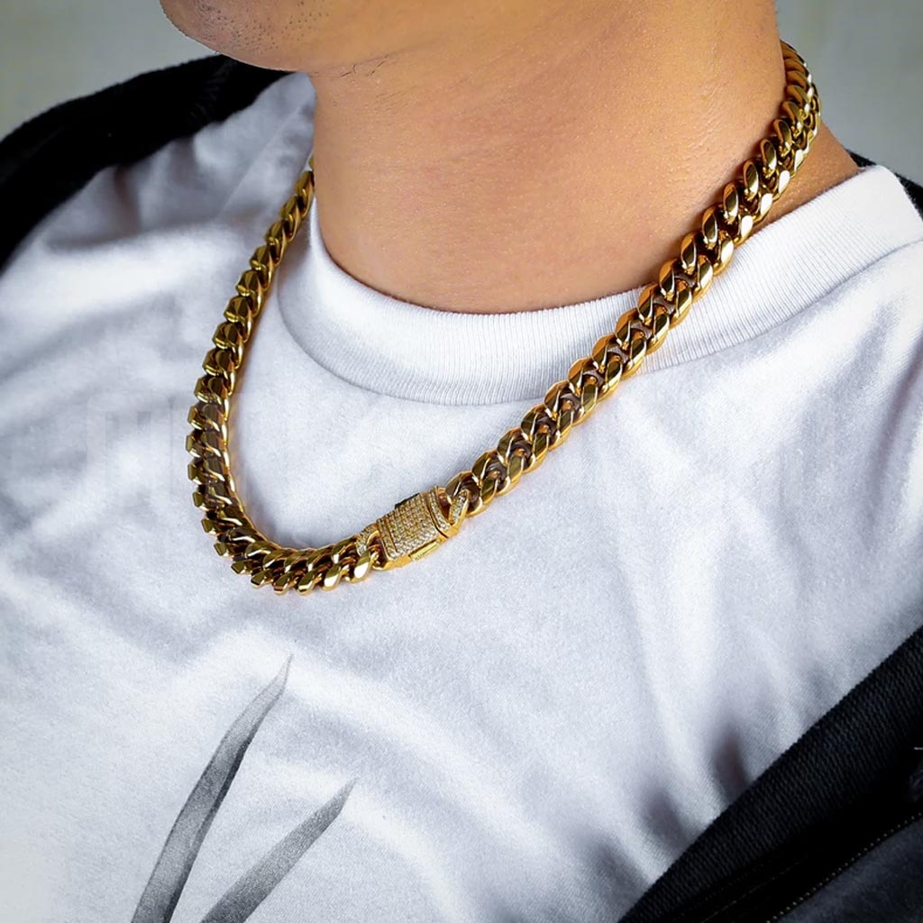 18K Gold 12mm Miami Cuban Link Chain Iced Clasp