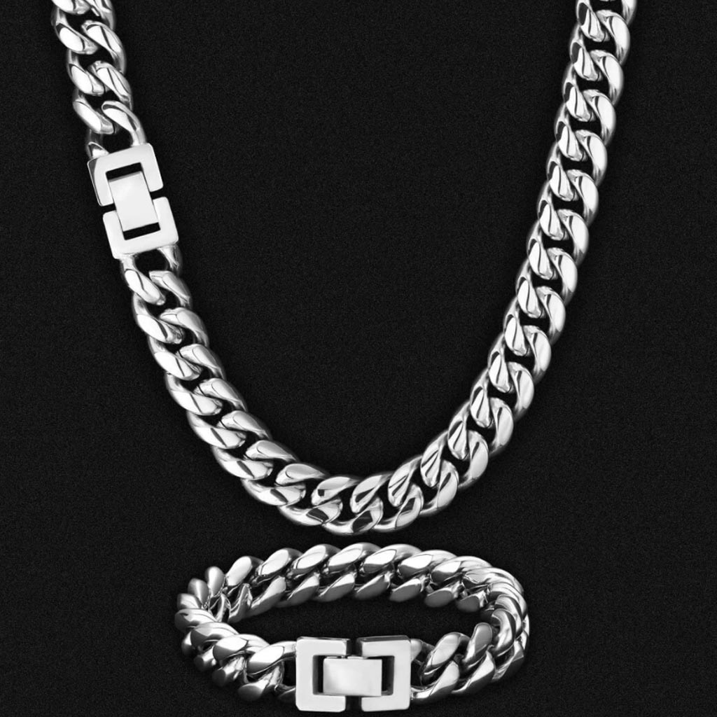 12mm Miami Cuban Link Chain and Bracelet White Gold Plated