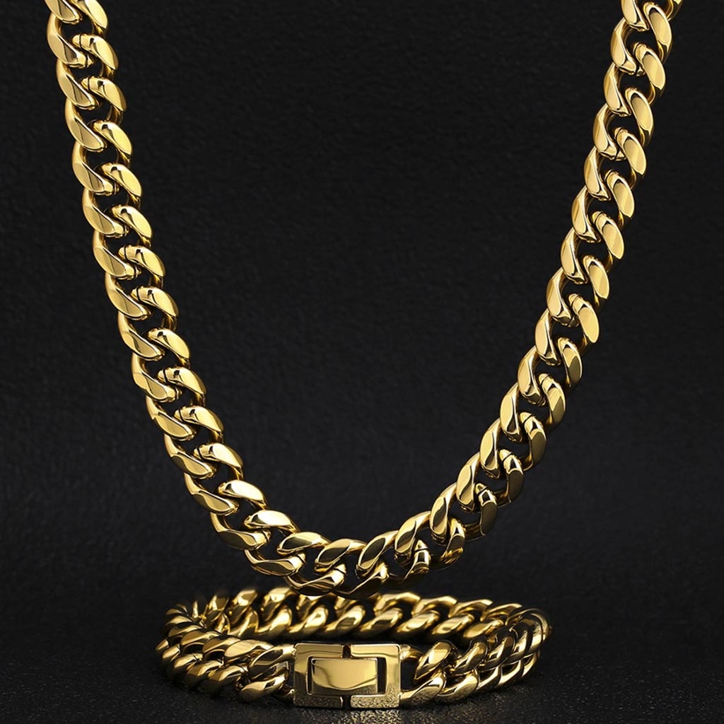 12mm Miami Cuban Link Chain and bracelet box clasp Set 18K Gold Plated