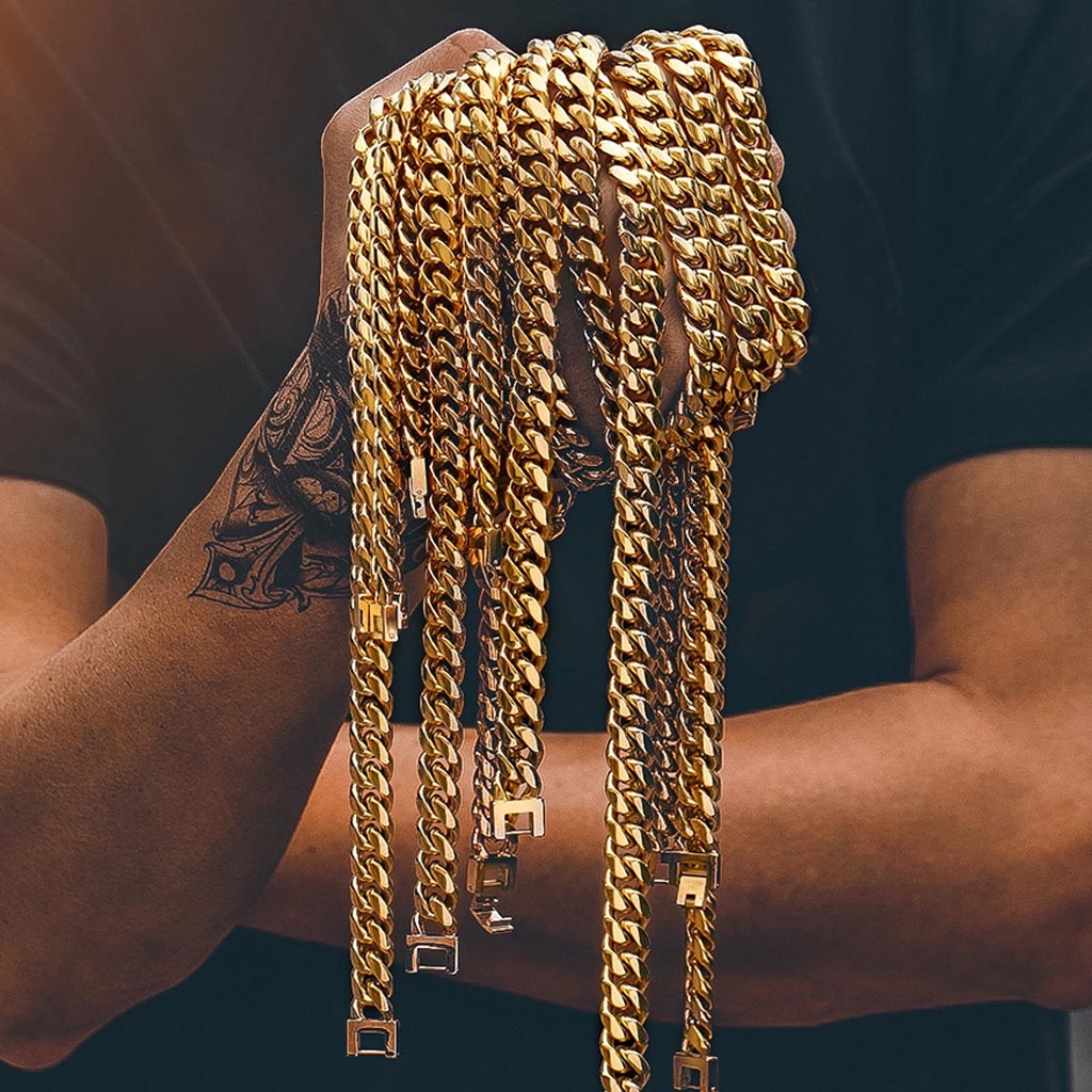 12mm Miami Cuban Link Chain and bracelet box clasp Set 18K Gold Plated