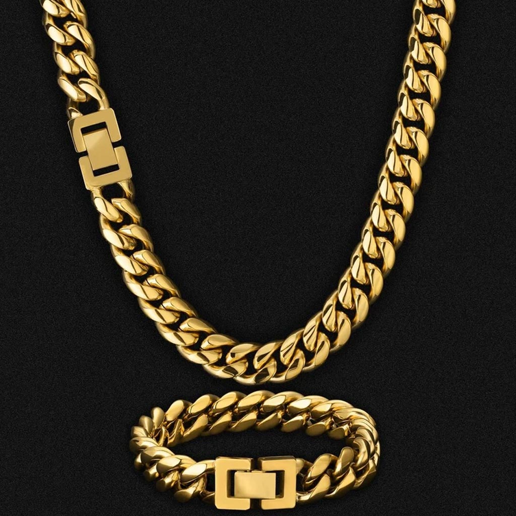 12mm Miami Cuban Link Chain and bracelet box clasp Set 18K Gold Plated