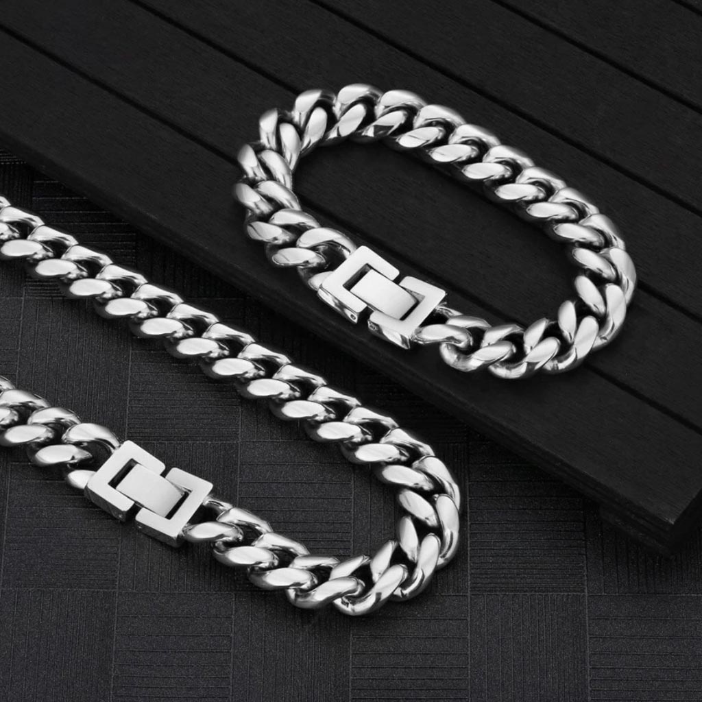 12mm Miami Cuban Link Chain and Bracelet White Gold Plated