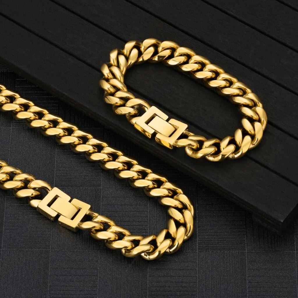 12mm Miami Cuban Link Chain and bracelet box clasp Set 18K Gold Plated