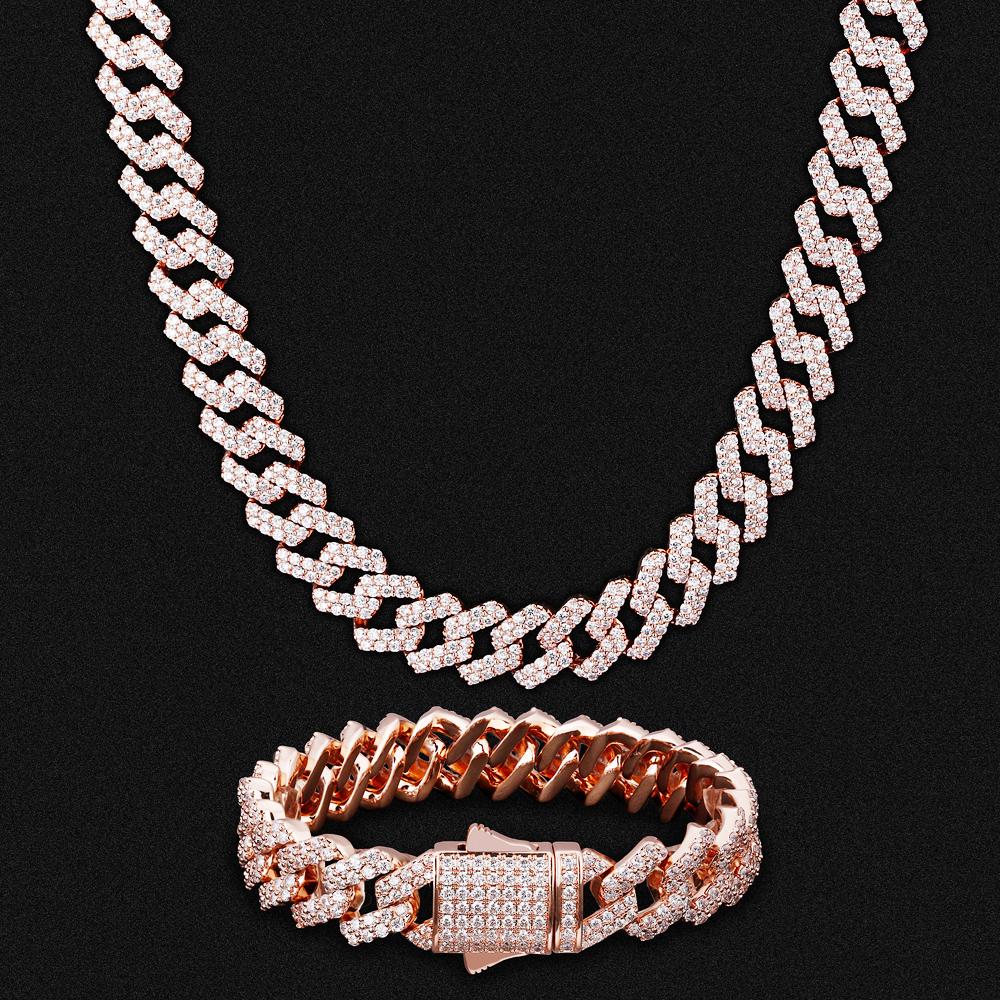 12mm Iced Out Prong Link Cuban Link Chain and Bracelet Set in White Gold/14K Gold/Rose Gold for Women