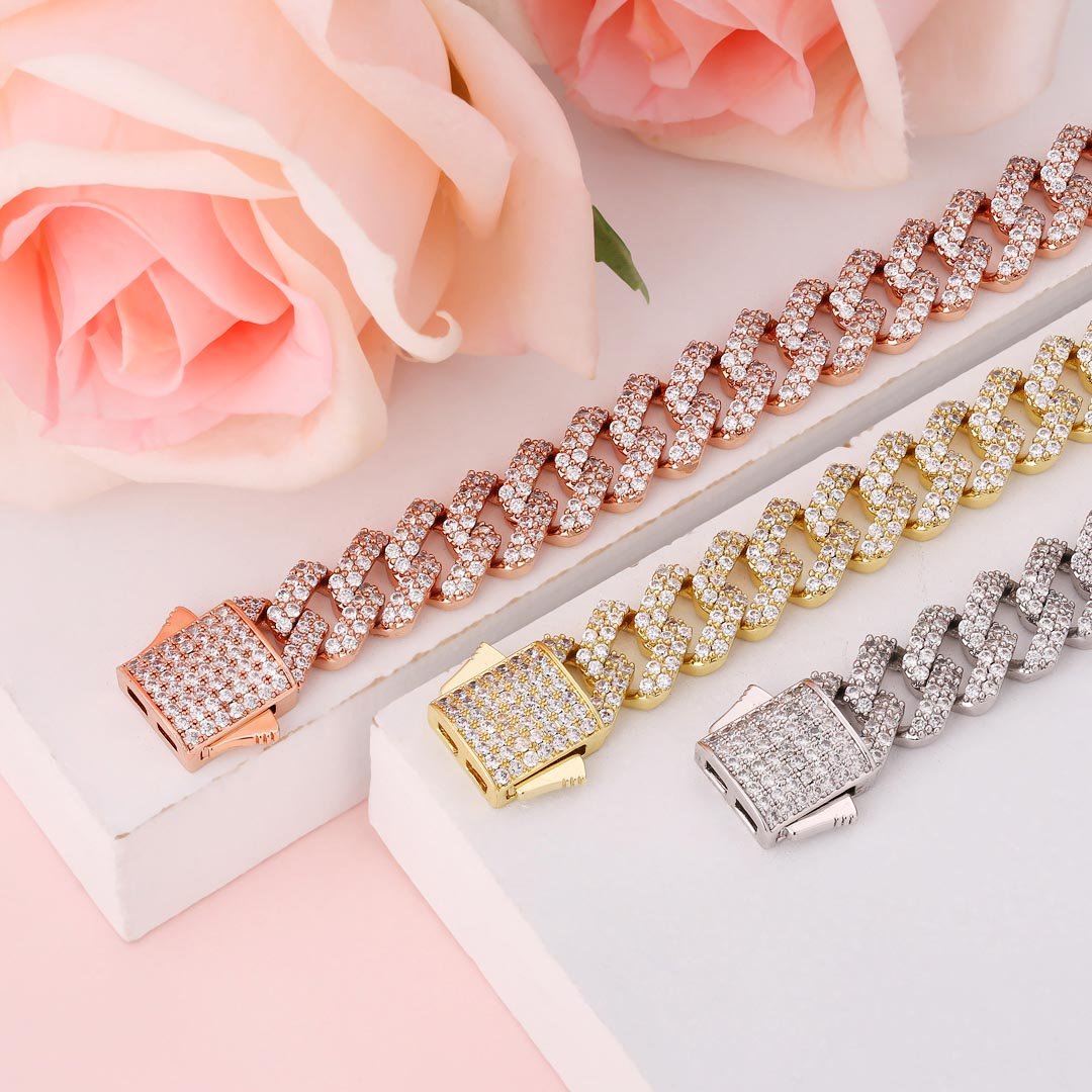 12mm Iced Out Prong Link Cuban Link Chain and Bracelet Set in White Gold/14K Gold/Rose Gold for Women