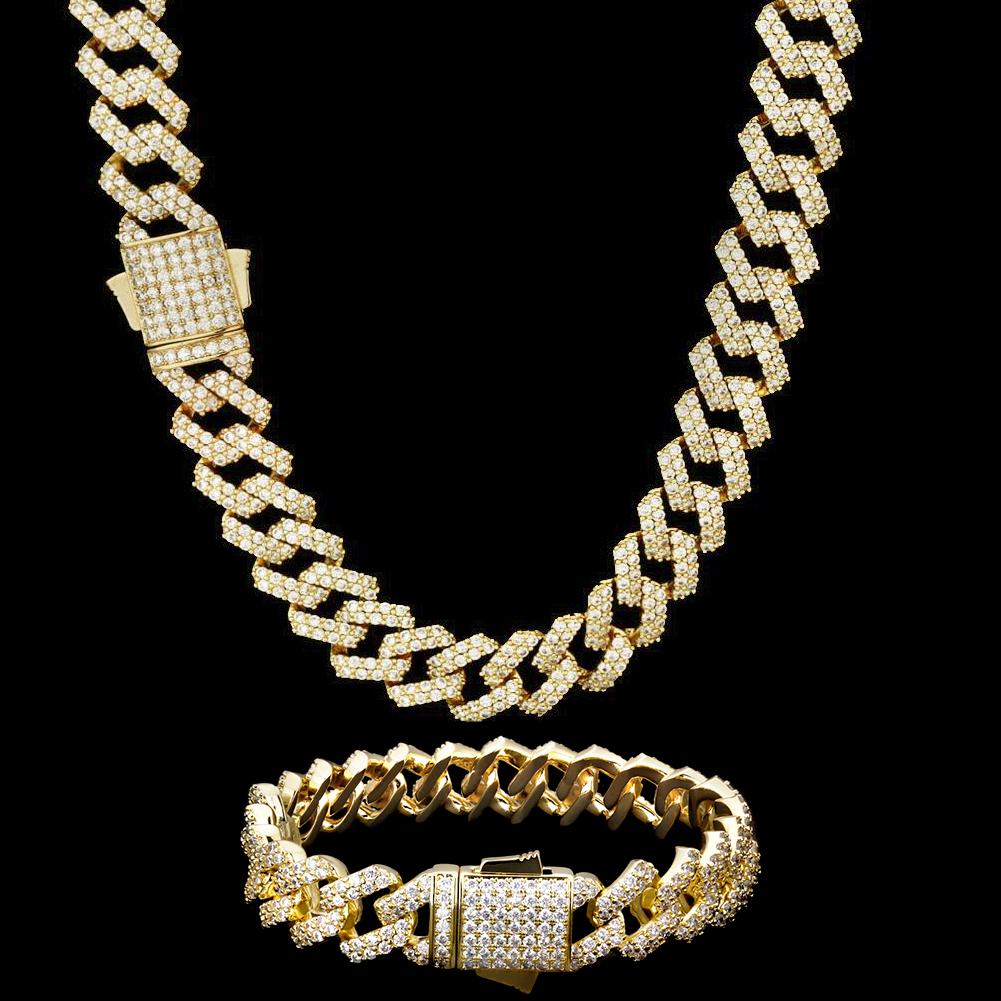 12mm Iced Out Prong Link Cuban Link Chain and Bracelet Set in White Gold/14K Gold/Rose Gold for Women