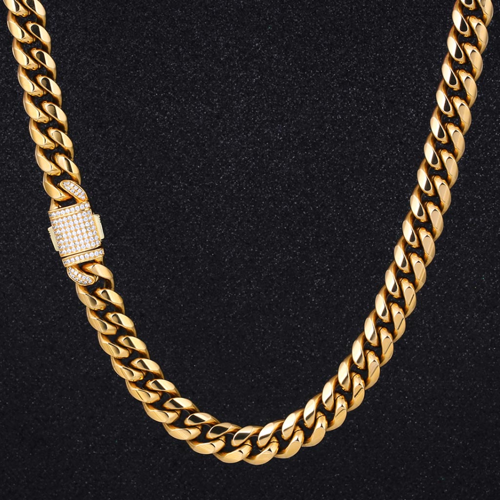 18K Gold 12mm Miami Cuban Link Chain Iced Clasp