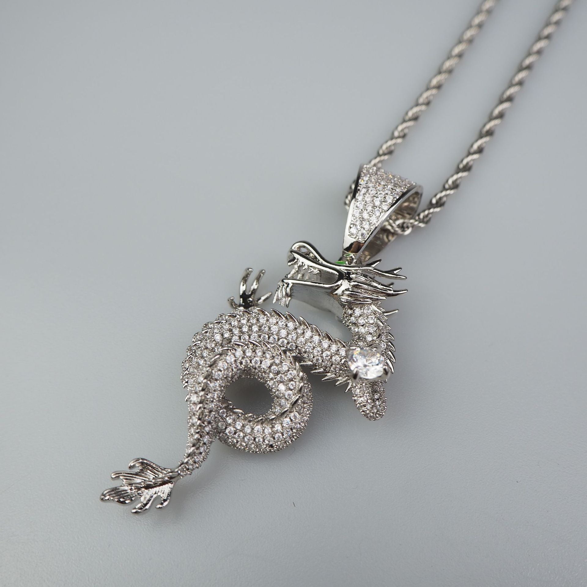 WhiteGold-Plated 3D Chinese Dragon BlingBling Necklace