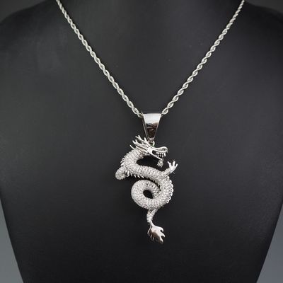 WhiteGold-Plated 3D Chinese Dragon BlingBling Necklace