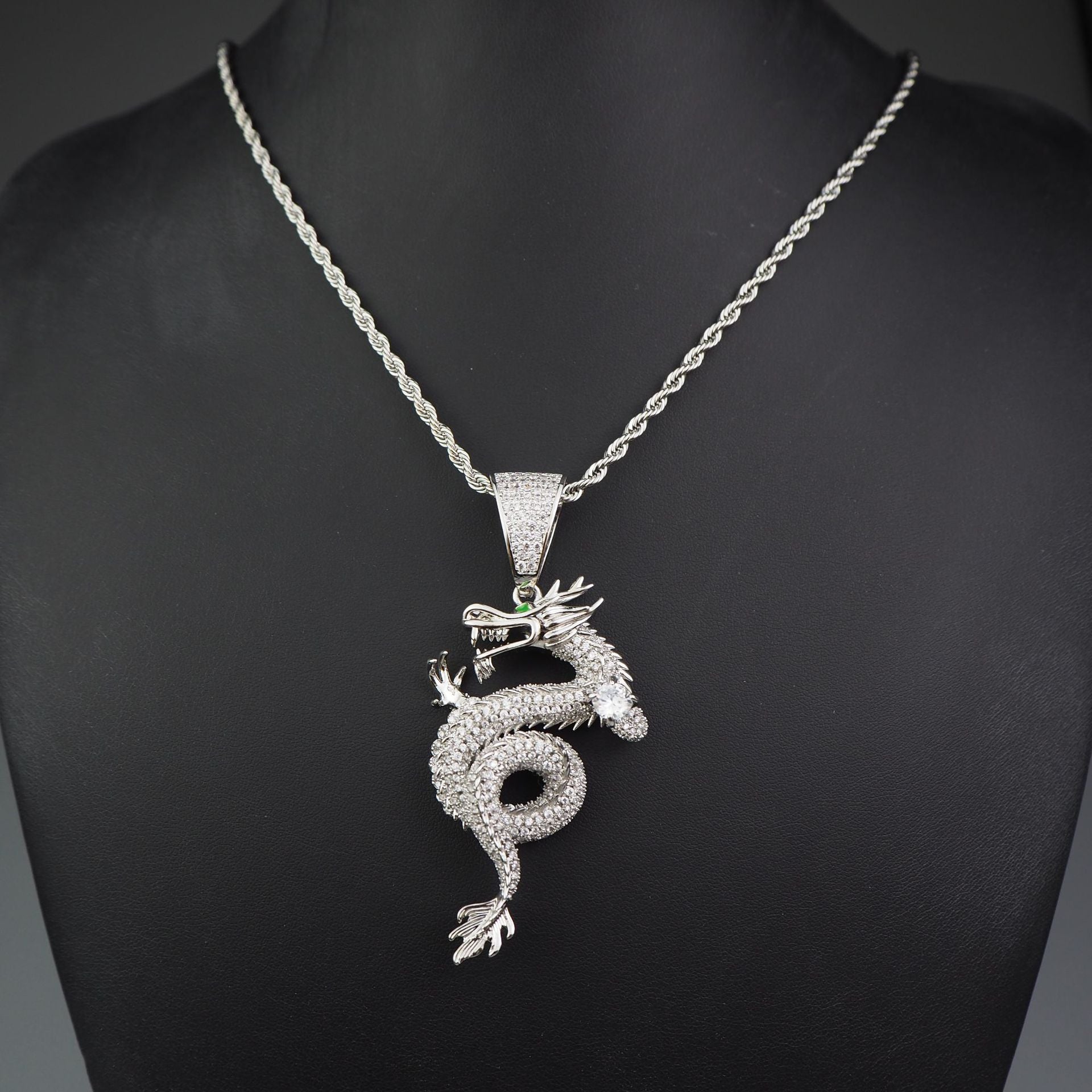 WhiteGold-Plated 3D Chinese Dragon BlingBling Necklace