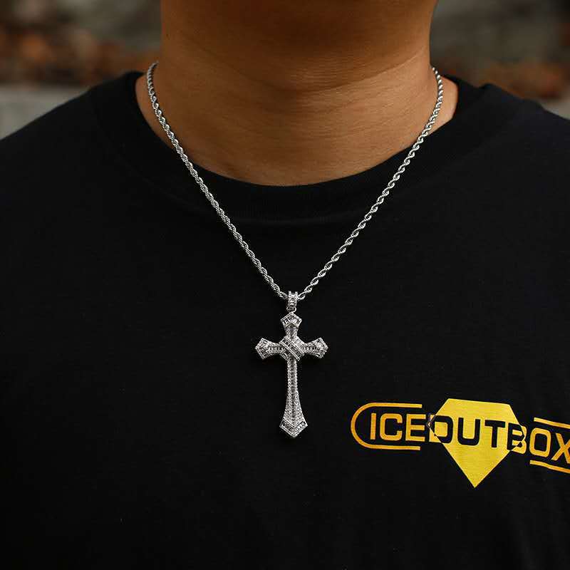 GOLDEN FINISH SILVER ICED CROSS PENDANT