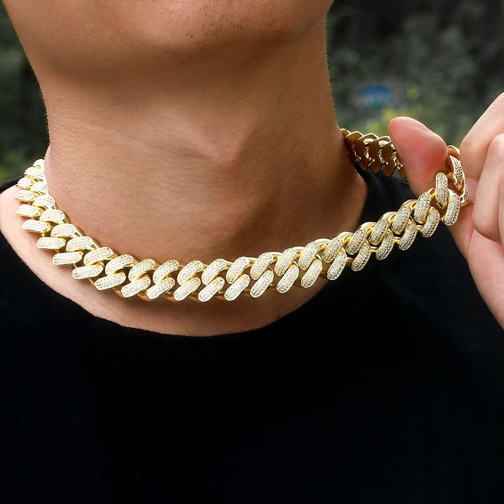 18mm Iced Cuban Chain Three Rows 14K Gold