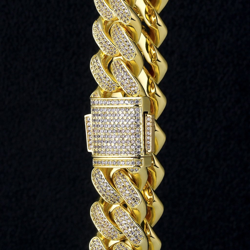 18mm Iced Cuban Chain Three Rows 14K Gold