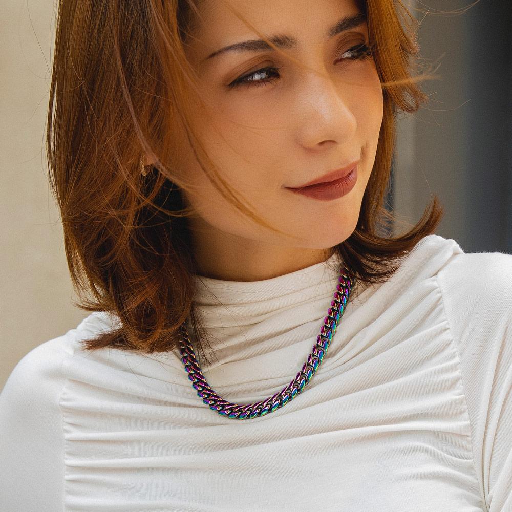 10mm Rainbow Miami Cuban Link Chain For Women Neckalce VZAKA