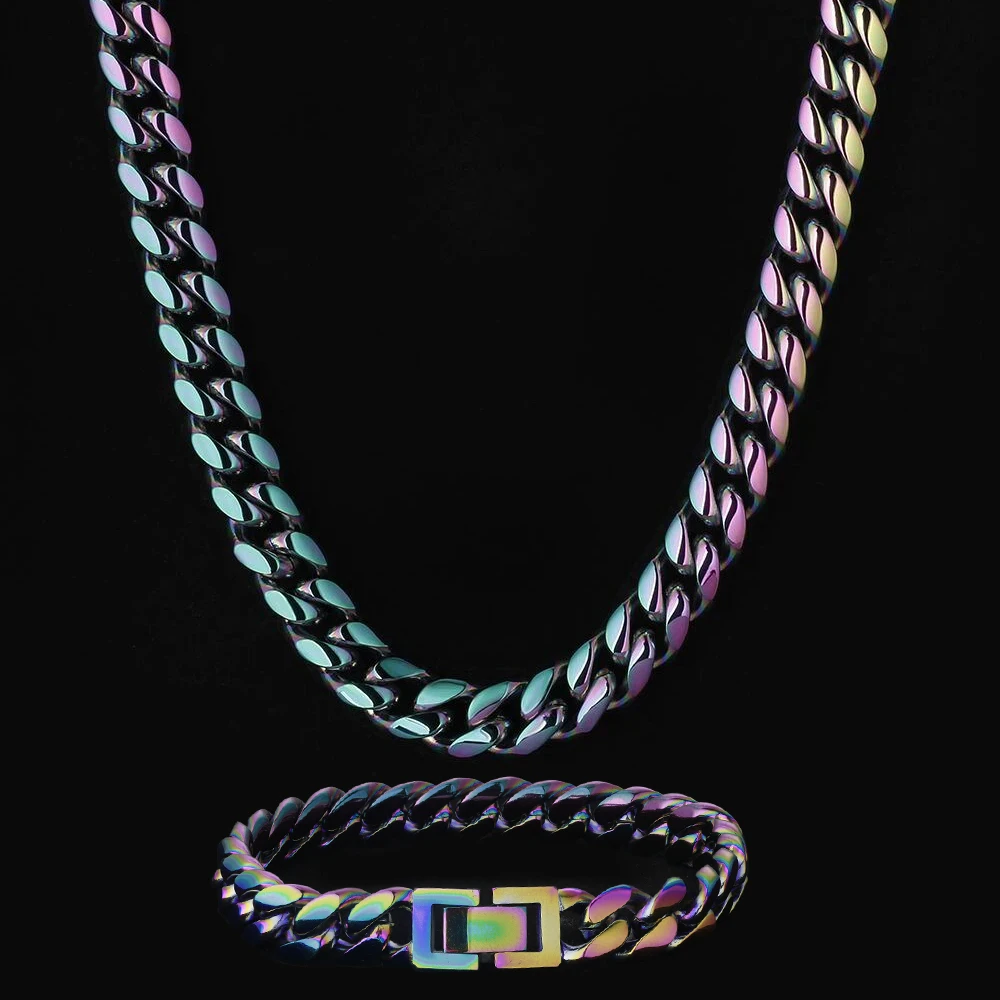 10mm Rainbow Miami Cuban Link Chain For Women Neckalce VZAKA