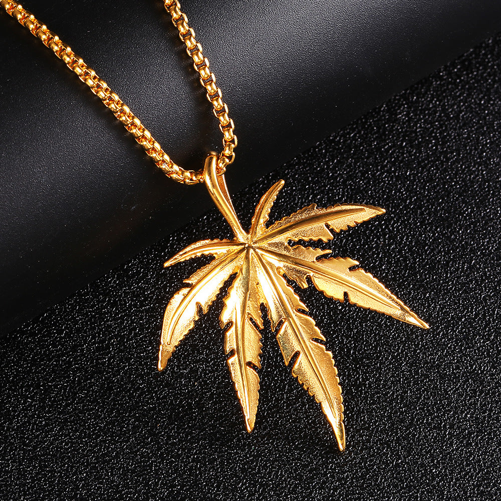 Gold-Plated Maple Leaf Necklace Hip Hop Hemp Leaf Titanium Steel Pendant