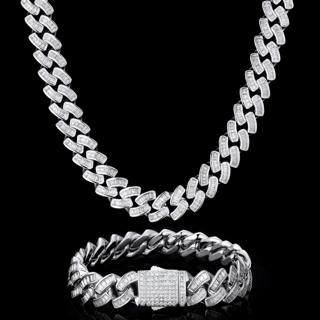 12mm Iced Baguette Diamond Cuban Chain White Gold