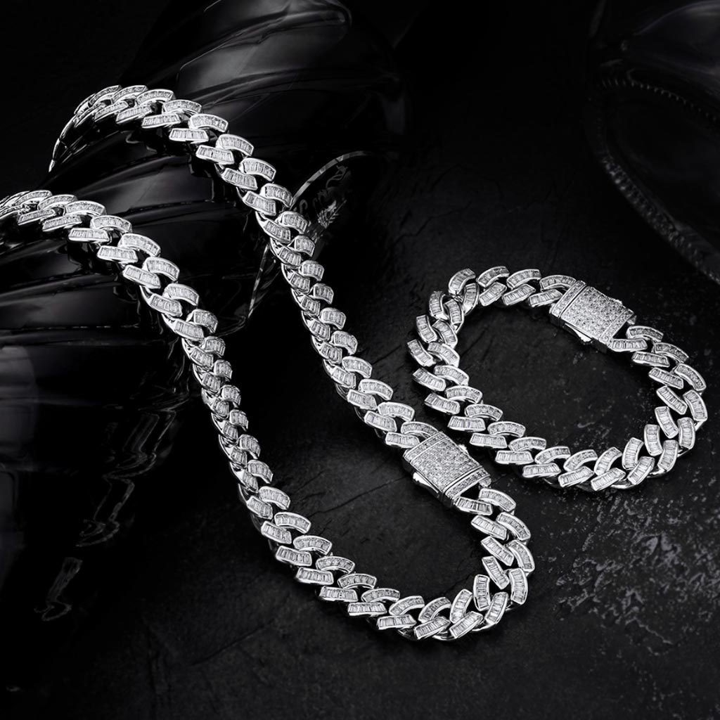 12mm Iced Baguette Diamond Cuban Chain White Gold