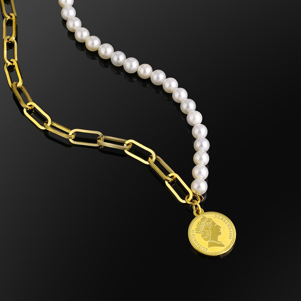 Pearl Necklace +Cable Chain with Coin For Women