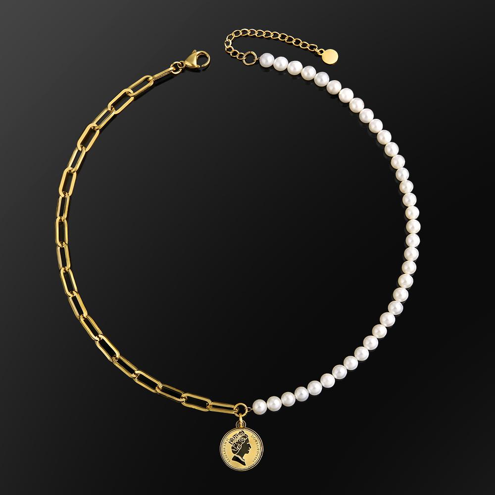 Pearl Necklace +Cable Chain with Coin For Women