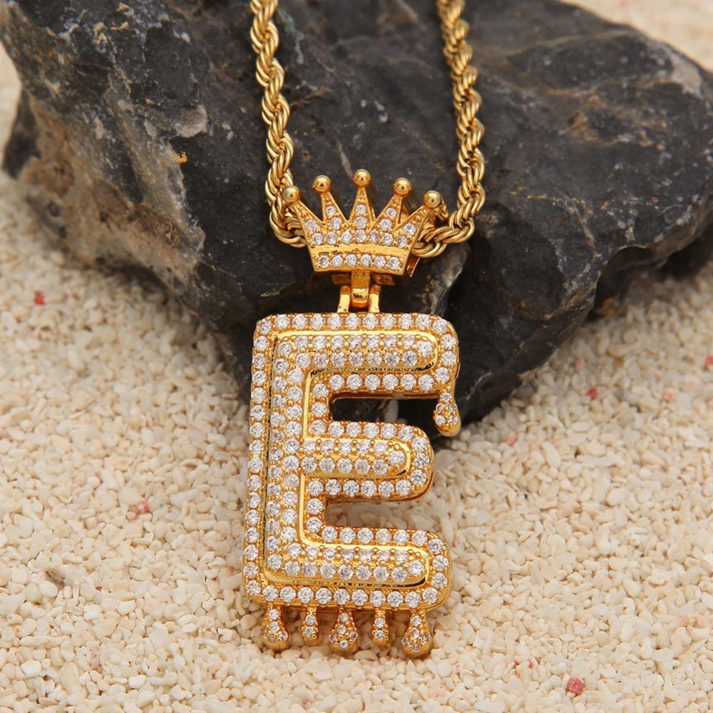 Gold/Silver Crown Ice Drip Bubble Initial Letter Pendant Necklace