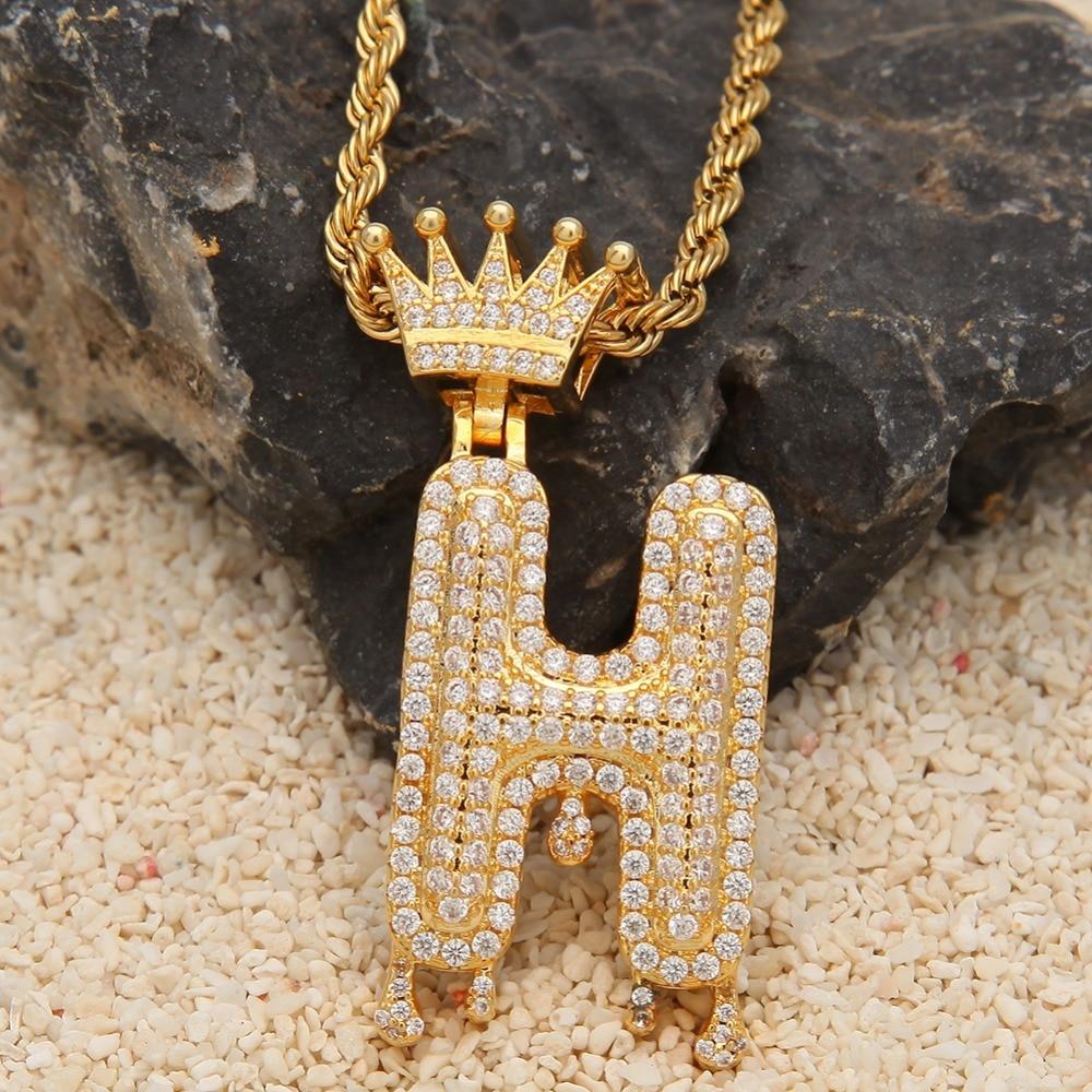 Gold/Silver Crown Ice Drip Bubble Initial Letter Pendant Necklace