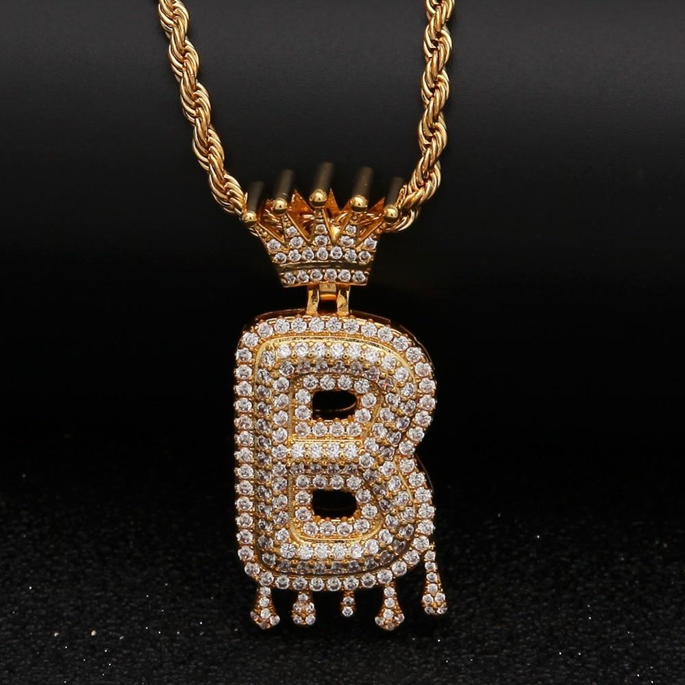 Gold/Silver Crown Ice Drip Bubble Initial Letter Pendant Necklace