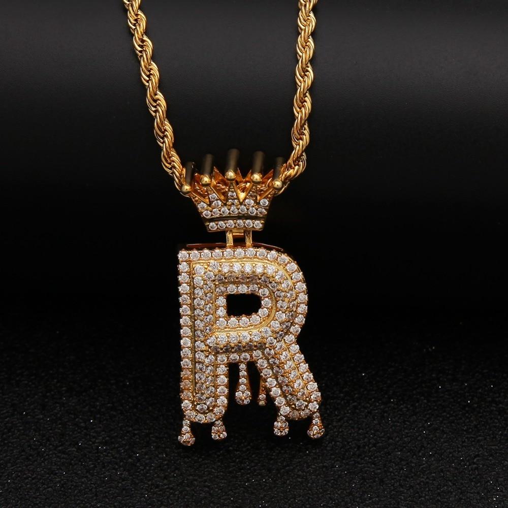 Gold/Silver Crown Ice Drip Bubble Initial Letter Pendant Necklace