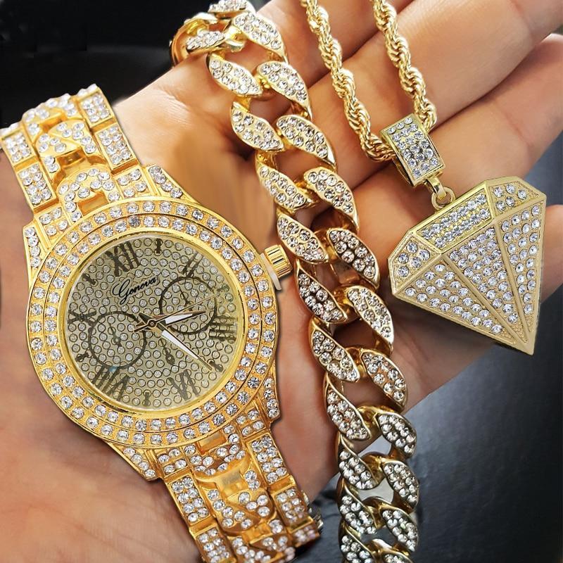 Drip Icy Cuban Chain Bracelet + Diamond Necklace + Watch Set