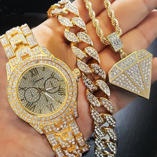 Drip Icy Cuban Chain Bracelet + Diamond Necklace + Watch Set