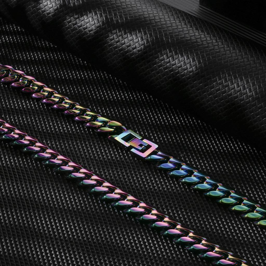 10mm Stainless Steel Rainbow Miami Cuban Link Bundle Chain&amp;Bracelet