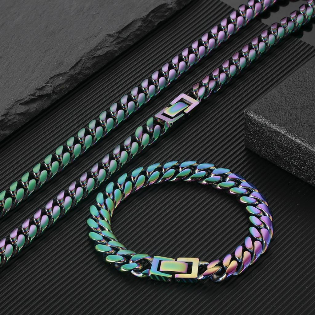 10mm Stainless Steel Rainbow Miami Cuban Link Bundle Chain&amp;Bracelet