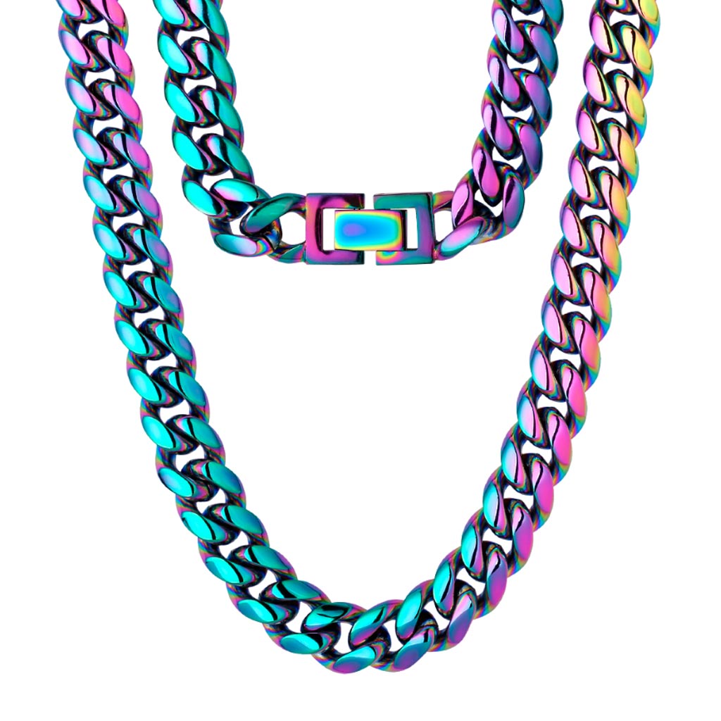 10mm Stainless Steel Rainbow Miami Cuban Link Bundle Chain&amp;Bracelet