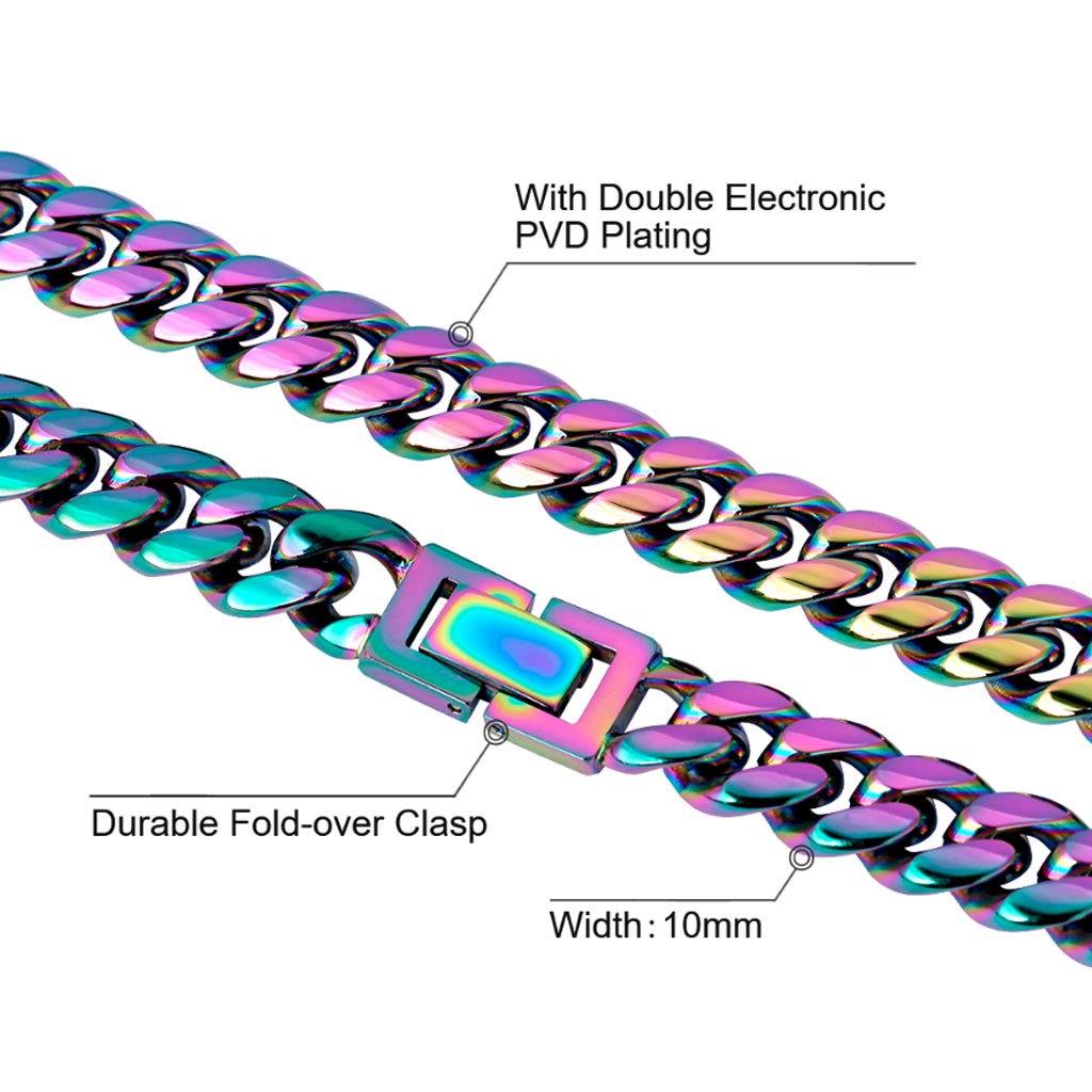 10mm Stainless Steel Rainbow Miami Cuban Link Bundle Chain&amp;Bracelet